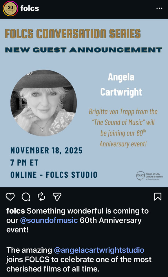 A live conversation with Elizabeth von Trapp, Andy Hammerstein III and FOLCS. https://folcs.org/upcoming-events/sound-of-music-60th-anniversary/